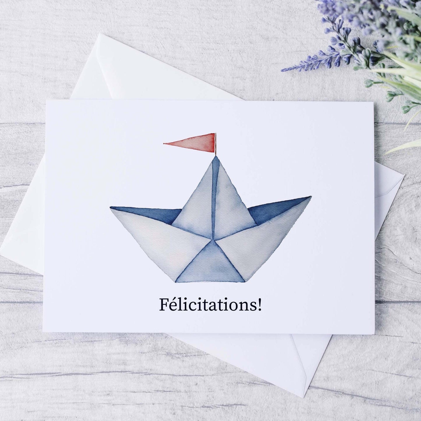 carte félicitations voilier origami 5x7 aquarelle