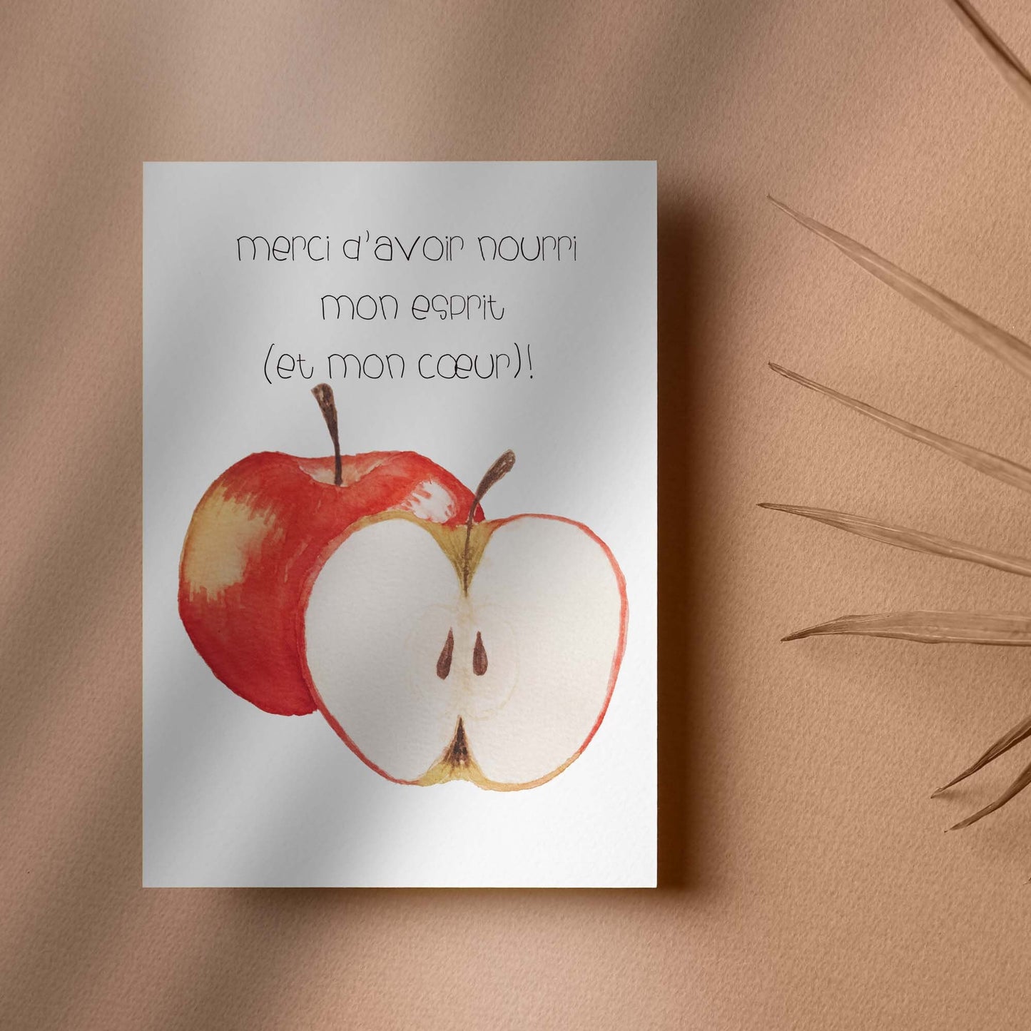 Carte pour enseignant, fin d'année, éducatrice, à l'aquarelle - Pomme- 5X7 - Sans texte