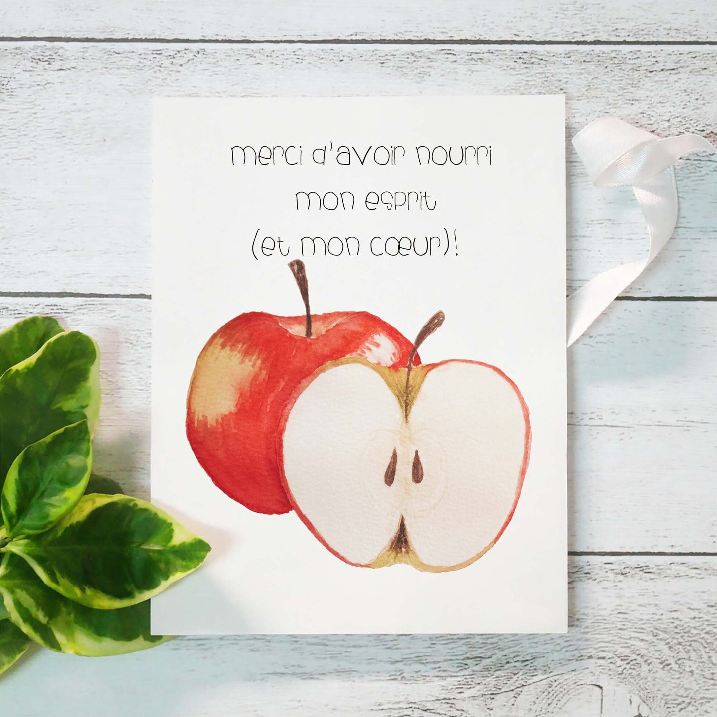 Carte pour enseignant, fin d'année, éducatrice, à l'aquarelle - Pomme- 5X7 - Sans texte