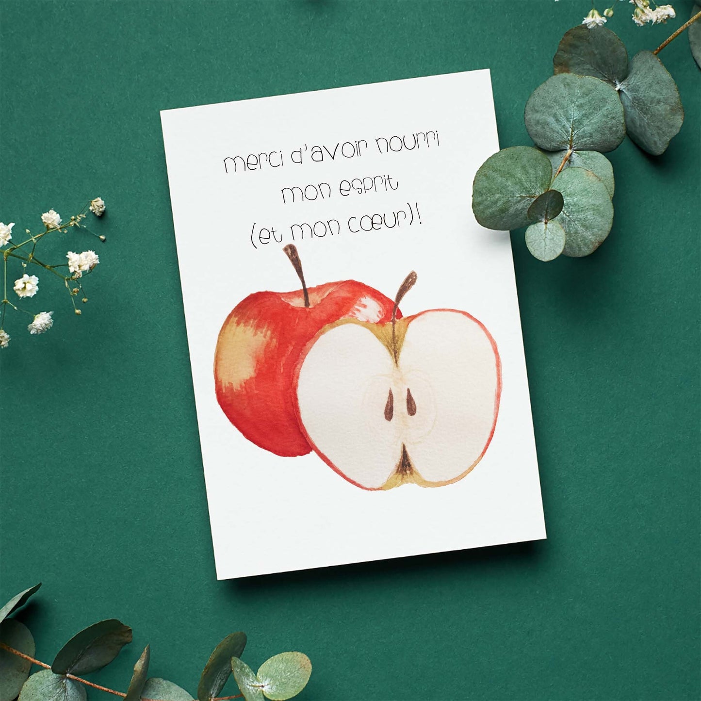 Carte pour enseignant, fin d'année, éducatrice, à l'aquarelle - Pomme- 5X7 - Sans texte