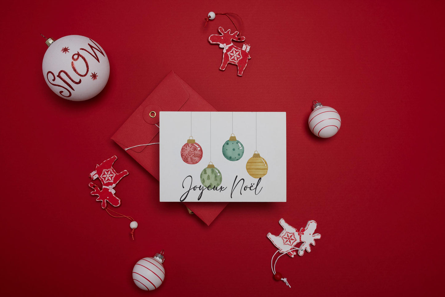 Carte de Noël - boules suspendues