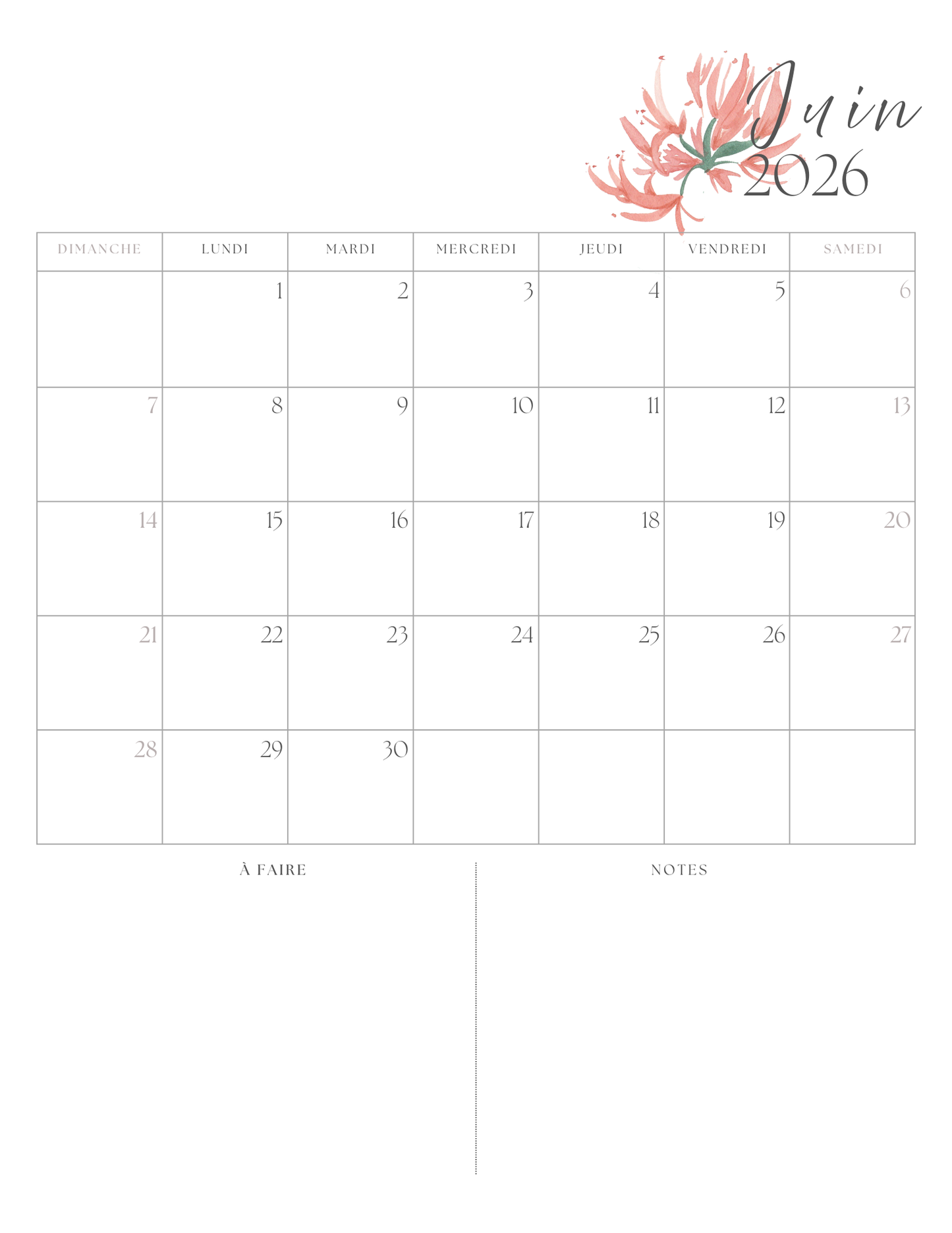 Calendrier 2026 fleurs de naissance