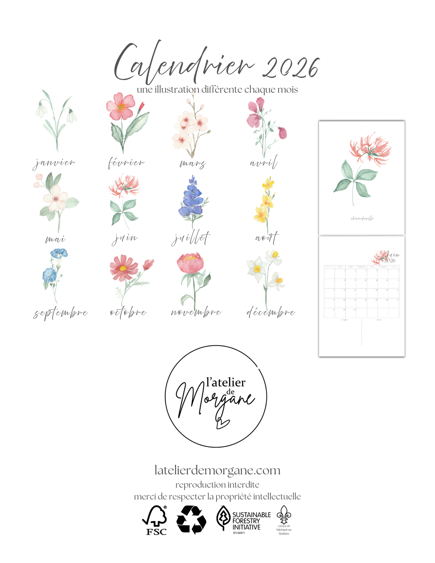 Calendrier 2026 fleurs de naissance